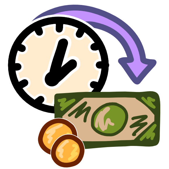 An off white clock with a curved purple arrow coming out from behind it points to some green money and gold coins. The image has dark line art.